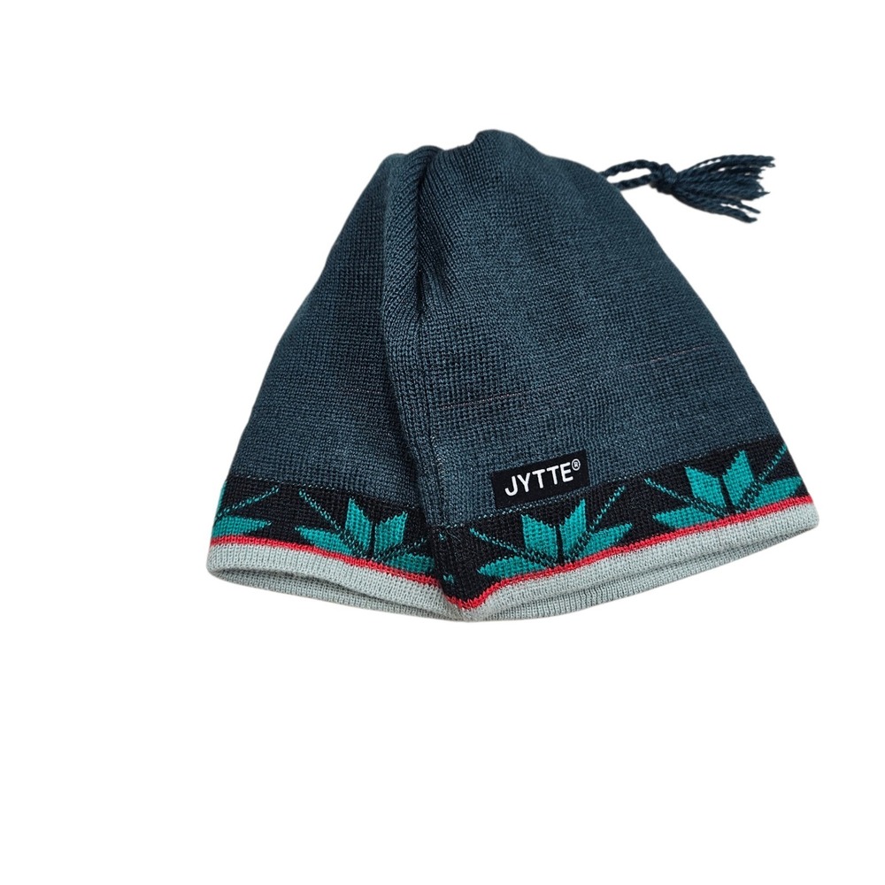 JYTTE Bridgdale Wool Knit Beanie Hat Tassel Dark Teal Green‎ Red Stripes 90s